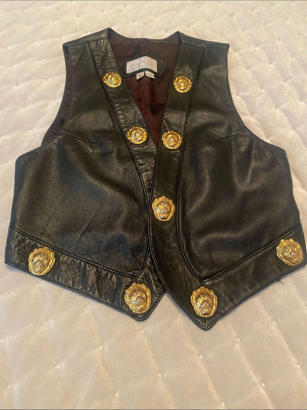 Cachê  vintage Black leather vest with gold lion head studs ladies size S